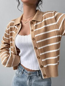 SHEIN BASICS 修身長袖領口針織上衣 - 卡其色 - 查看 1