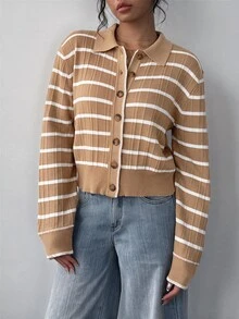 SHEIN BASICS 修身長袖領口針織上衣 - 卡其色 - 查看 9