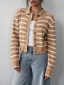 SHEIN BASICS 修身長袖領口針織上衣 - 卡其色 - 查看 7