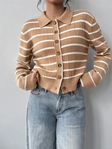 SHEIN BASICS 修身長袖領口針織上衣 - 卡其色 - 查看 5