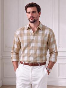 Core Aspect Men's Casual Business Plaid Long Sleeve Shirt, Spring/Autumn - Apricot - View 4