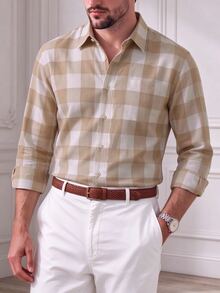Core Aspect Men's Casual Business Plaid Long Sleeve Shirt, Spring/Autumn - Apricot - View 3