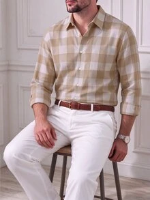 Core Aspect Men's Casual Business Plaid Long Sleeve Shirt, Spring/Autumn - Apricot - View 5