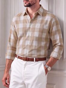 Core Aspect Men's Casual Business Plaid Long Sleeve Shirt, Spring/Autumn - Apricot - View 1