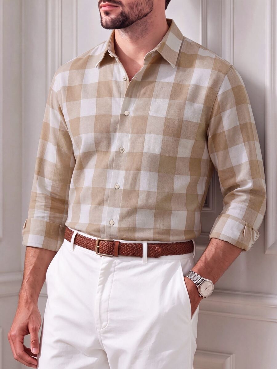 Core Aspect Men's Casual Business Plaid Long Sleeve Shirt, Spring/Autumn - Apricot - View 1