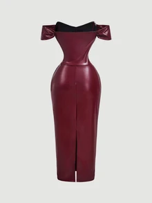 SHEIN MOD Women's Brown PU Off-Shoulder Bodycon Dress - Burgundy - View 5