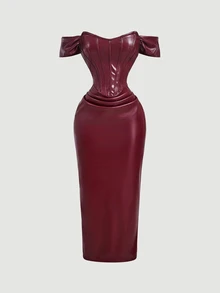 SHEIN MOD Women's Brown PU Off-Shoulder Bodycon Dress - Burgundy - View 4