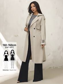 SHEIN PETITE Abrigo tipo gabardina para mujer, color liso, casual, elegante, versátil, para uso diario, Día del Maestro, oficina, caqui, otoño - Caqui - Ver 3