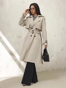 SHEIN PETITE Abrigo tipo gabardina para mujer, color liso, casual, elegante, versátil, para uso diario, Día del Maestro, oficina, caqui, otoño - Caqui - Ver 6