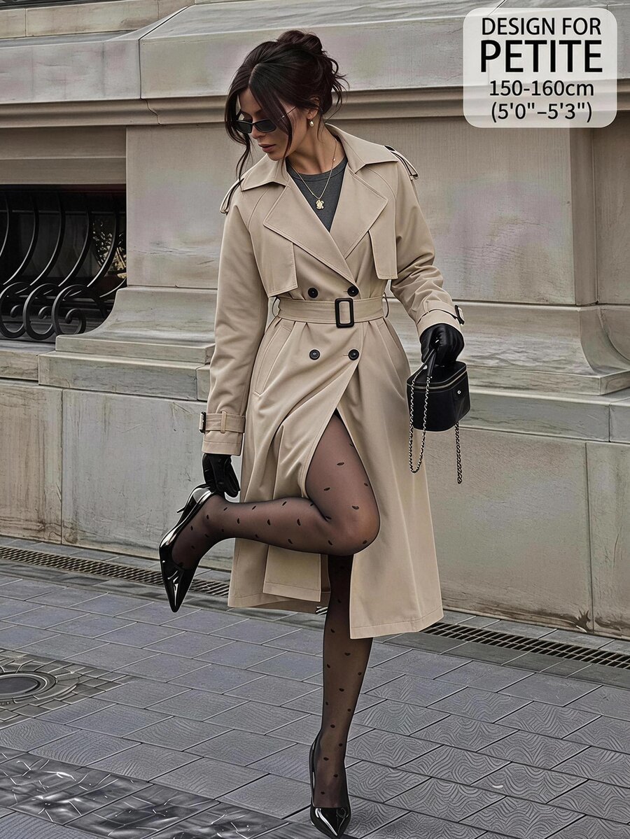 SHEIN PETITE Abrigo tipo gabardina para mujer, color liso, casual, elegante, versátil, para uso diario, Día del Maestro, oficina, caqui, otoño - Caqui - Ver 1