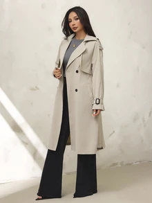 SHEIN PETITE Abrigo tipo gabardina para mujer, color liso, casual, elegante, versátil, para uso diario, Día del Maestro, oficina, caqui, otoño - Caqui - Ver 7