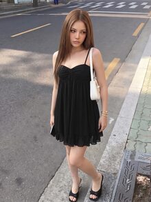 Sweetina Women's Solid Color Pleated Casual Date Party Mini Halter Neck Dress - Black - View 7