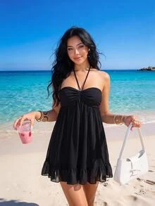 Sweetina Women's Solid Color Pleated Casual Date Party Mini Halter Neck Dress - Black - View 6