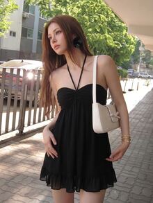 Sweetina Women's Solid Color Pleated Casual Date Party Mini Halter Neck Dress - Black - View 3