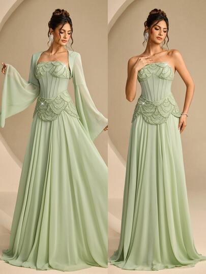 Coutiva Elegant Water-Soluble Floral Patchwork Hemline A-Line Design Formal Evening Gown, Suitable For Wedding Guest Dress, Birthday Party Dress, Graduation Ceremony, School Opening Party Dress, Party Dress