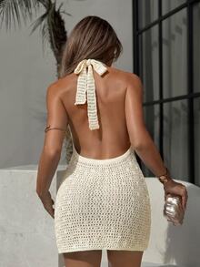 SHEIN Swim Sequin Backless Sexy Wrap Dress With Knit Scarf Tie Design, Bodycon Mini Dress For Vacation - Apricot - View 2