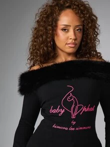 BABYPHAT Cold Shoulder BARDOT STYLE KNIT TOP WITH FUR TRIM - Black - View 4