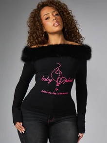 BABYPHAT Cold Shoulder BARDOT STYLE KNIT TOP WITH FUR TRIM - Black - View 1