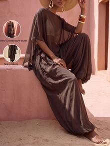 Zivah Women's Solid Color Top And Long Pants Casual Vacation Cover-Up Set - Brown - View 2