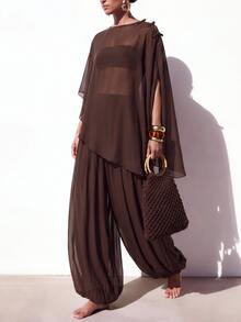 Zivah Women's Solid Color Top And Long Pants Casual Vacation Cover-Up Set - Brown - View 9
