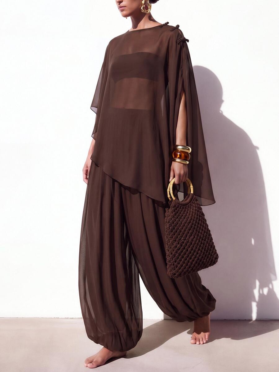 Zivah Women's Solid Color Top And Long Pants Casual Tropical Sexy Vacation Cover-Up Set Beach Brown Summer