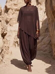 Zivah Women's Solid Color Top And Long Pants Casual Vacation Cover-Up Set - Brown - View 7