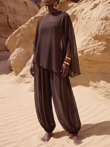 Zivah Women's Solid Color Top And Long Pants Casual Vacation Cover-Up Set - Brown - View 6
