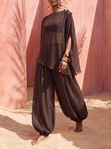 Zivah Women's Solid Color Top And Long Pants Casual Vacation Cover-Up Set - Brown - View 4