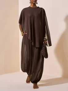 Zivah Women's Solid Color Top And Long Pants Casual Vacation Cover-Up Set - Brown - View 10
