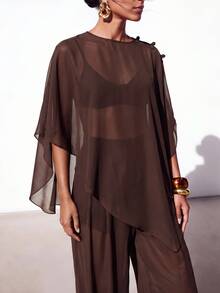 Zivah Women's Solid Color Top And Long Pants Casual Vacation Cover-Up Set - Brown - View 8