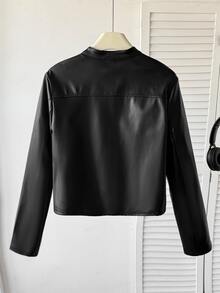 SHEIN 青少年女孩休閒街頭風翻領PU皮革短夾克（配金屬前拉鍊），黑色人造皮革短夾克，適合秋冬穿著 - 黑色 - 查看 6