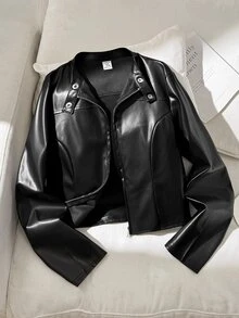 SHEIN 青少年女孩休閒街頭風翻領PU皮革短夾克（配金屬前拉鍊），黑色人造皮革短夾克，適合秋冬穿著 - 黑色 - 查看 2