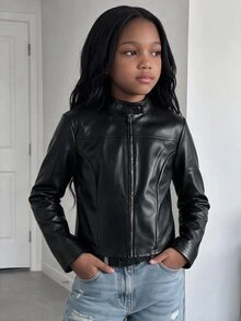 SHEIN 青少年女孩休閒街頭風翻領PU皮革短夾克（配金屬前拉鍊），黑色人造皮革短夾克，適合秋冬穿著 - 黑色 - 查看 9