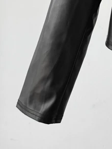SHEIN 青少年女孩休閒街頭風翻領PU皮革短夾克（配金屬前拉鍊），黑色人造皮革短夾克，適合秋冬穿著 - 黑色 - 查看 4