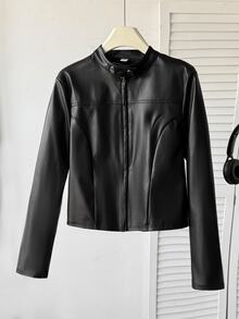 SHEIN 青少年女孩休閒街頭風翻領PU皮革短夾克（配金屬前拉鍊），黑色人造皮革短夾克，適合秋冬穿著 - 黑色 - 查看 7