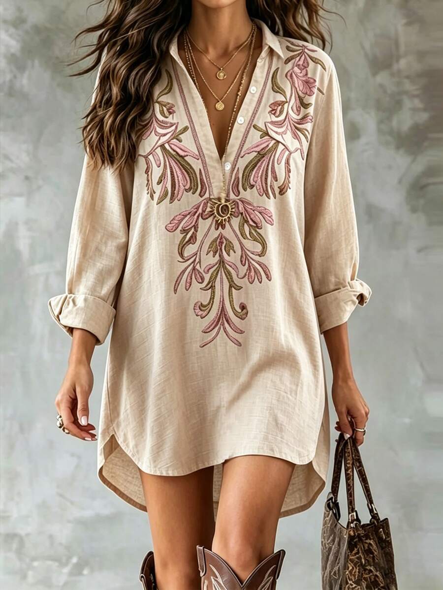 Hotletica [Printed Design] Casual Commute Vintage Floral Print Long Sleeve Polyester Shirt Dress With Turn-Down Collar, High Low Hem Design Short Dress - Khaki - View 1