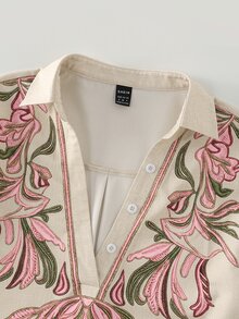 Hotletica [Printed Design] Casual Commute Vintage Floral Print Long Sleeve Polyester Shirt Dress With Turn-Down Collar, High Low Hem Design Short Dress - Khaki - View 4