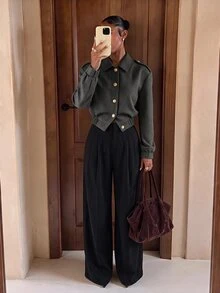 Lumalex Houndstooth Bomber Blazer Spread Collar Gold Buttons Long Sleeves Elastic Hem Relaxed Tailored Fit,Autumn And Winter - Dark Grey - View 10