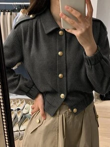 Lumalex Houndstooth Bomber Blazer Spread Collar Gold Buttons Long Sleeves Elastic Hem Relaxed Tailored Fit,Autumn And Winter - Dark Grey - View 5