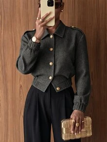 Lumalex Houndstooth Bomber Blazer Spread Collar Gold Buttons Long Sleeves Elastic Hem Relaxed Tailored Fit,Autumn And Winter - Dark Grey - View 1