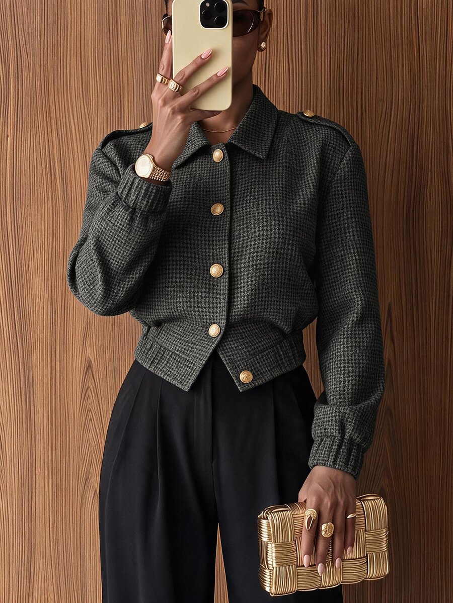 Lumalex Houndstooth Bomber Blazer Spread Collar Gold Buttons Long Sleeves Elastic Hem Relaxed Tailored Fit,Autumn And Winter - Dark Grey - View 1