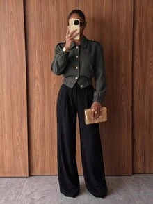 Lumalex Houndstooth Bomber Blazer Spread Collar Gold Buttons Long Sleeves Elastic Hem Relaxed Tailored Fit,Autumn And Winter - Dark Grey - View 6