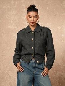 Lumalex Houndstooth Bomber Blazer Spread Collar Gold Buttons Long Sleeves Elastic Hem Relaxed Tailored Fit,Autumn And Winter - Dark Grey - View 4