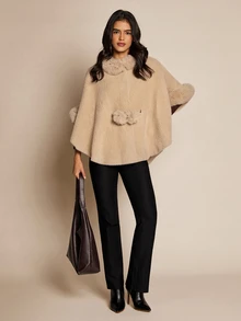 SHEIN LUNE Winter Khaki Faux Fur Cinched Waist Pom Pom Cape Coat - Khaki - View 3
