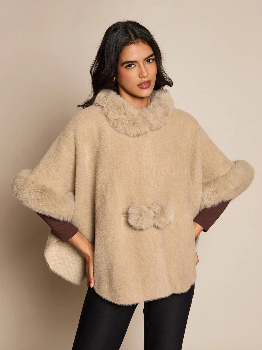 SHEIN LUNE Winter Khaki Faux Fur Cinched Waist Pom Pom Cape Coat - Khaki - View 1