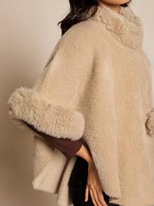 SHEIN LUNE Winter Khaki Faux Fur Cinched Waist Pom Pom Cape Coat - Khaki - View 5