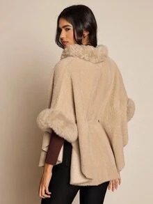 SHEIN LUNE Winter Khaki Faux Fur Cinched Waist Pom Pom Cape Coat - Khaki - View 2