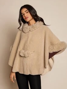 SHEIN LUNE Winter Khaki Faux Fur Cinched Waist Pom Pom Cape Coat - Khaki - View 4