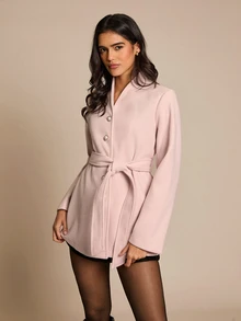 Hansera Women's Elegant Stand Collar Single-Breasted Waist-Cinching Flared Hem Long Sleeve Solid Color Overcoat - Pink - View 3