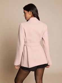 Hansera Women's Elegant Stand Collar Single-Breasted Waist-Cinching Flared Hem Long Sleeve Solid Color Overcoat - Pink - View 2